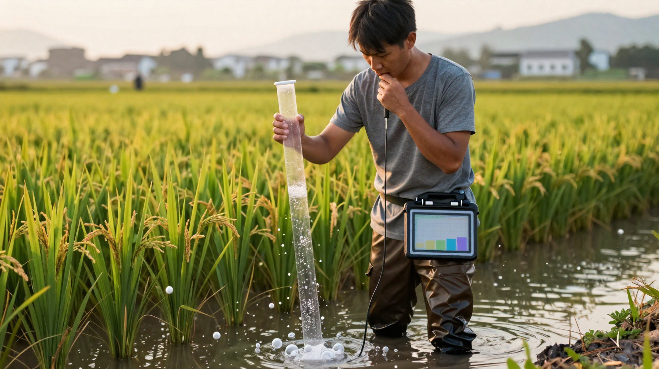 Homem coleta amostra de água em campo de arroz alagado usando equipamento eletrônico portátil.