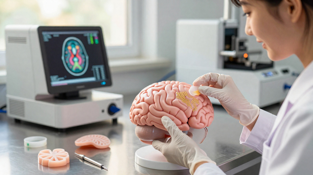 Pesquisadora com luvas manipula modelo anatômico de cérebro em laboratório com computador ao fundo.