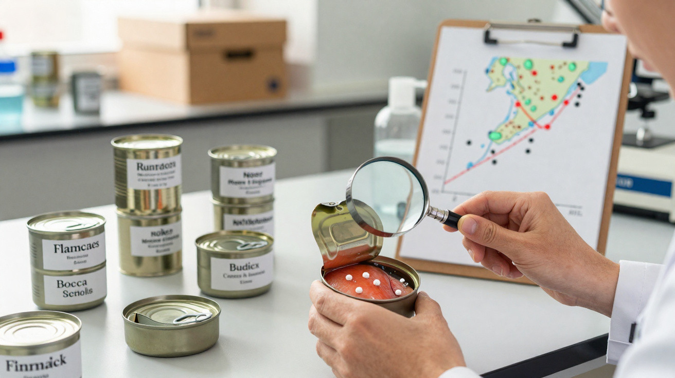 Mãos seguram uma lupa e examinam alimentos enlatados com evidências de contaminação em laboratório.