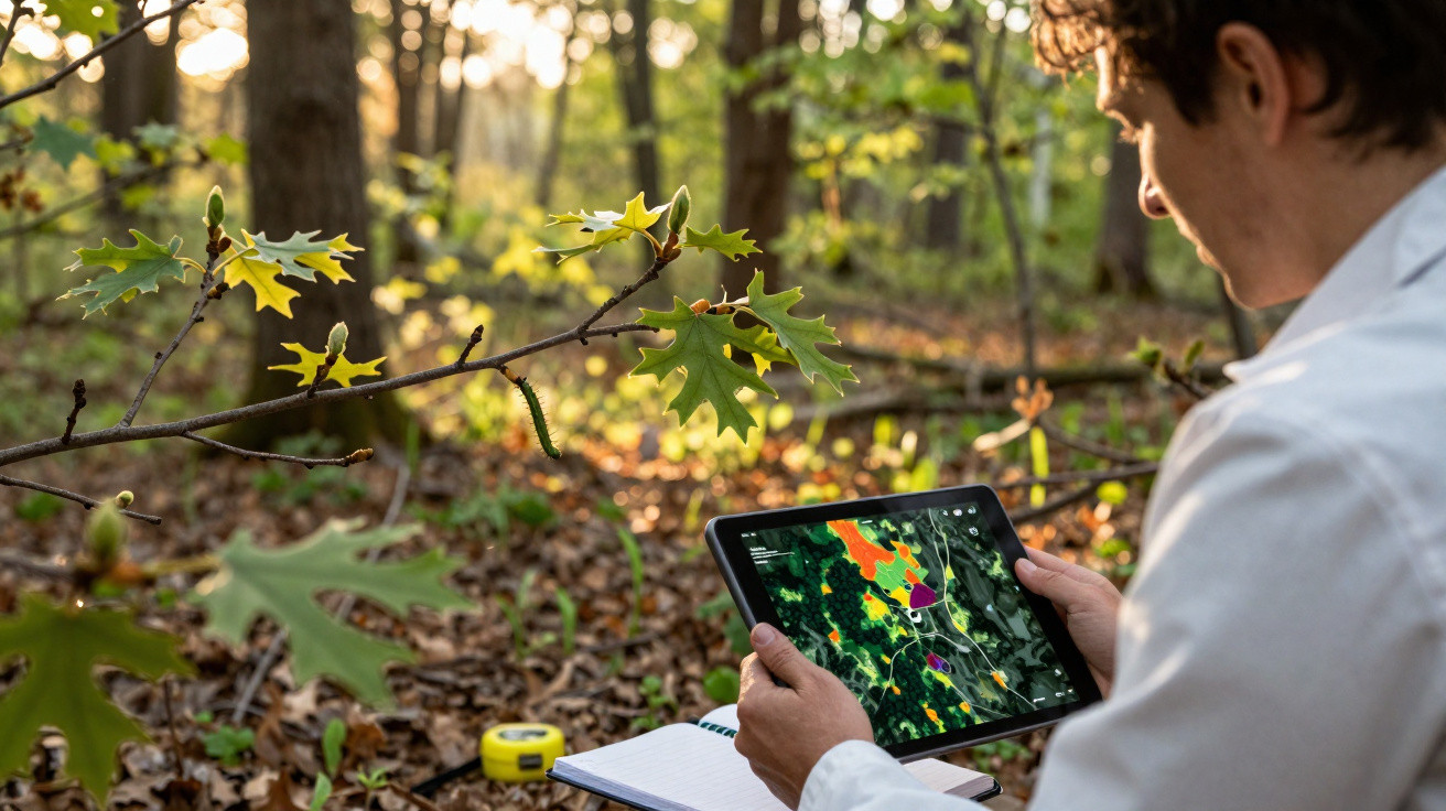 Homem usando tablet para analisar mapa climático em floresta durante o dia, com caderno aberto ao lado.