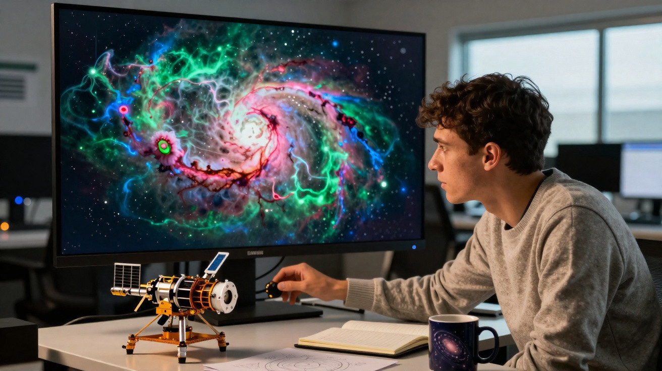Jovem cientista observa simulação colorida de galáxia no computador, com modelo de satélite e caderno na mesa.