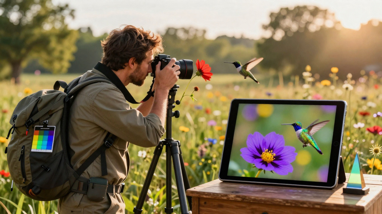 Fotógrafo captura beija-flor próximo a flor, com imagem do pássaro em tablet sobre mesa em campo florido.