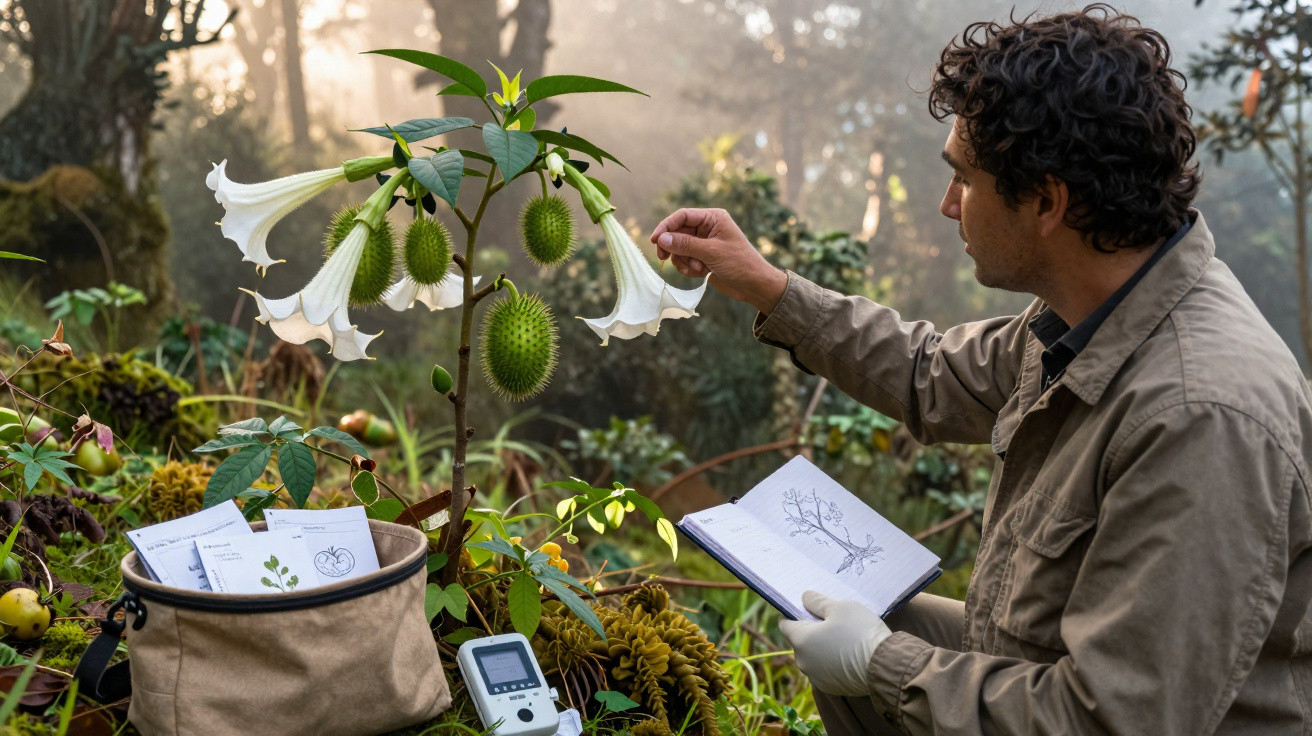 Homem analisando planta com flores brancas e frutos espinhosos enquanto faz anotações em caderno ao ar livre.