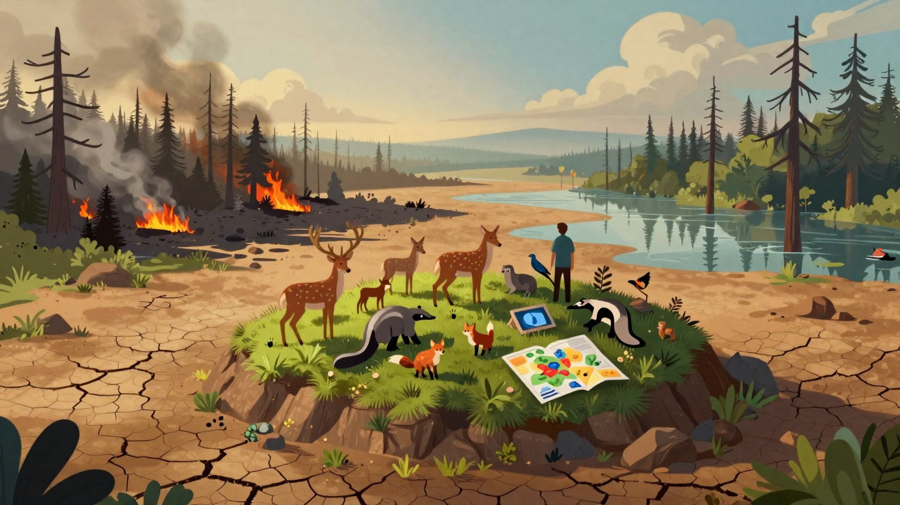 Ilustração de um oásis com animais e pessoa cercado por floresta em chamas e chão seco e rachado.