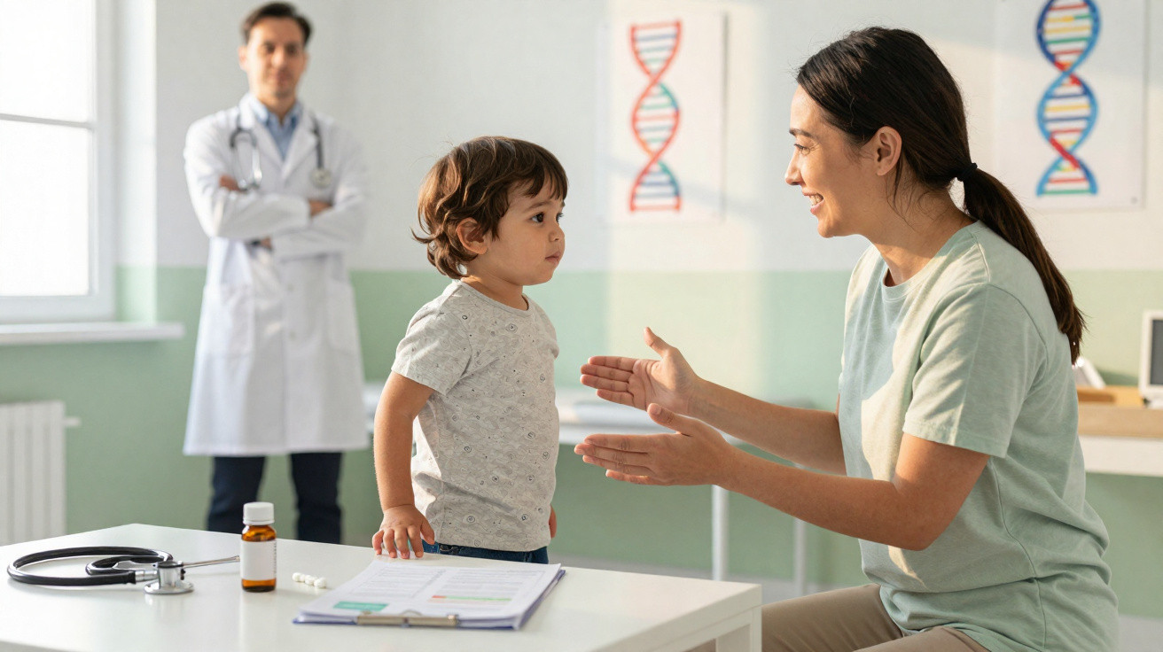 Criança de pé em consulta médica com mãe sorridente e médico ao fundo em consultório.