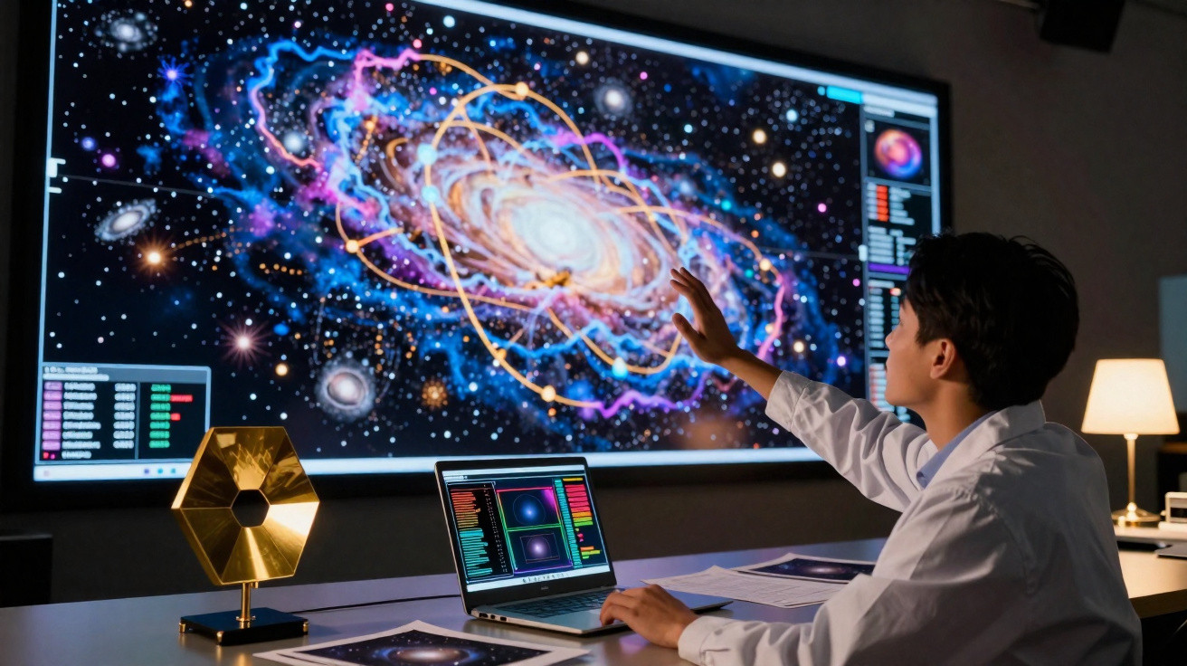 Cientista observa e interage com uma tela mostrando uma galáxia colorida e dados astronômicos.