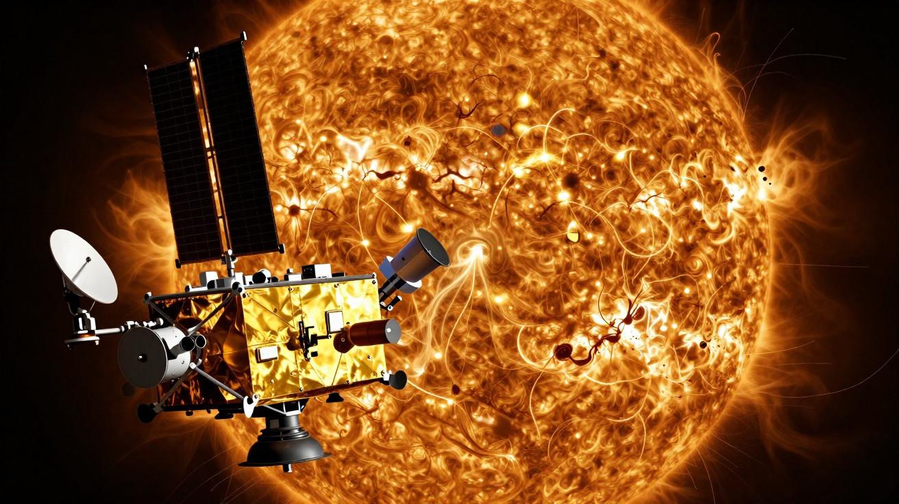 Sonda espacial próxima ao sol mostrando atividade solar intensa e filamentos magnéticos na superfície do astro.