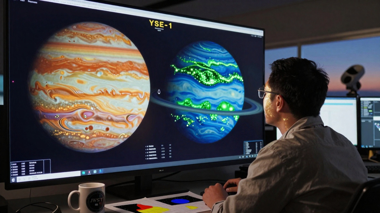 Pessoa observando imagens digitais de dois planetas coloridos em grandes monitores em ambiente escuro.