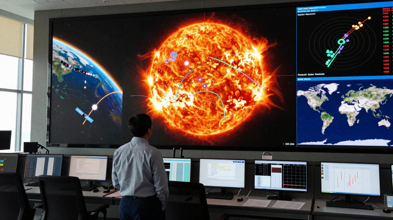 Pessoa observando monitor grande com imagens do sol, terra, gráficos e satélites em sala de controle.