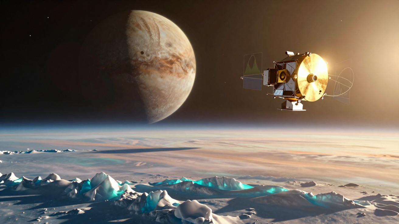 Nave espacial orbitando uma superfície gelada com um planeta gasoso ao fundo no espaço sideral.