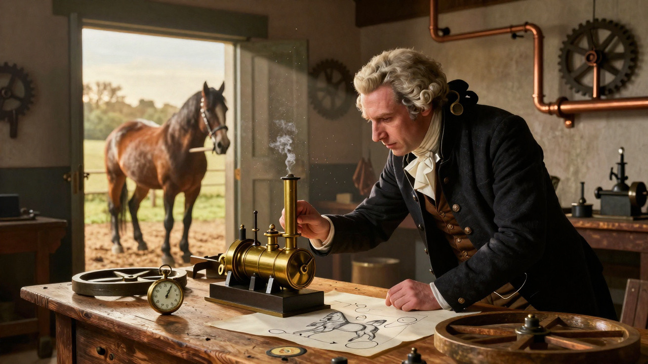 Homem do século XVIII manuseando modelo de máquina a vapor em oficina com cavalo ao fundo.
